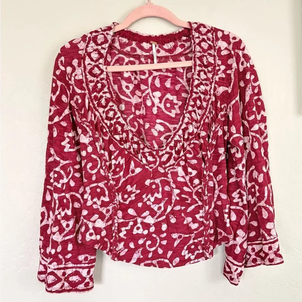Free People On the Block Bell Sleeve Boho Patterned Top Berry Combo Medium